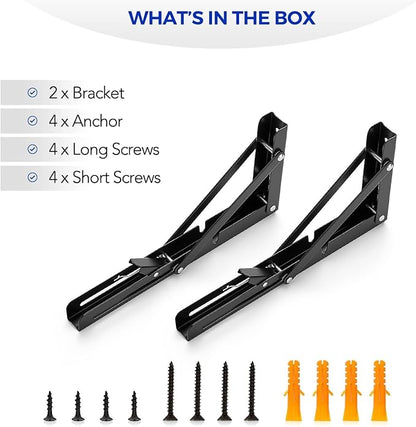 Ravinte 4 Pack 10 Inch Folding Shelf Brackets – Matte Black, Heavy Duty Collapsible Brackets for Tables and Benches – Space-Saving Design