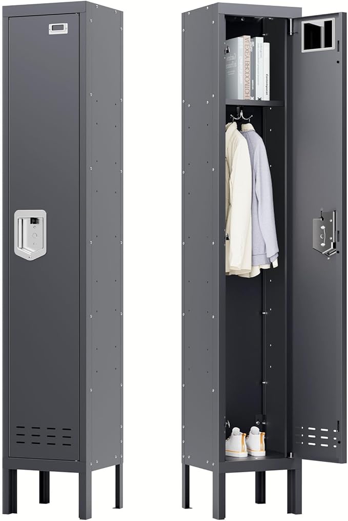 Metal Storage Locker with Lock & Card Slot Locker - Secure Lockable Door - Steel Locker for School, Office, Gym, Home - 66.15" H x 11.8" W x 11.8" D（1 Door, Grey）