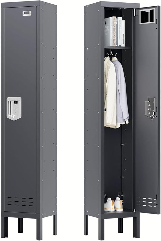 Metal Storage Locker with Lock & Card Slot Locker - Secure Lockable Door - Steel Locker for School, Office, Gym, Home - 66.15" H x 11.8" W x 11.8" D（1 Door, Grey）