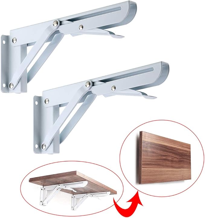 Sumnacon Sturdy Folding Shelf Brackets - Heavy Duty Metal Triangle Table Bench Folding Shelf Brackets, 2 Pcs Folding Shelf Hinge Wall Mounted (8 Inch, White)