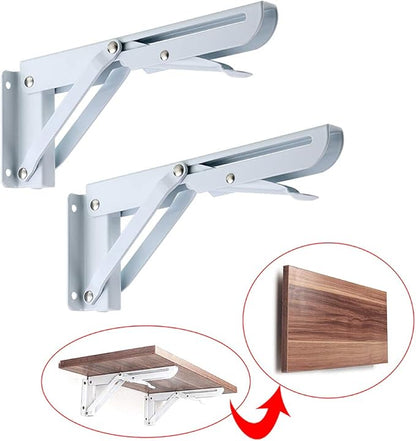 Sumnacon Sturdy Folding Shelf Brackets - Heavy Duty Metal Triangle Table Bench Folding Shelf Brackets, 2 Pcs Folding Shelf Hinge Wall Mounted (8 Inch, White)
