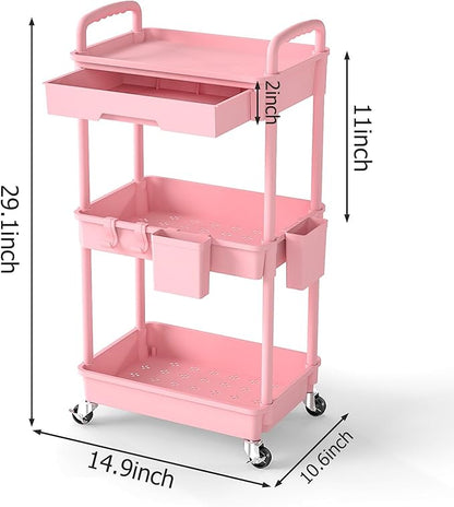 3 Tier Rolling Utility Cart with Drawer, Plastic Storage Organizer Rolling Carts with Wheels Handles Hanging Cups Hooks for Office, Bathroom, Kitchen,Craft Art Room (Pink)