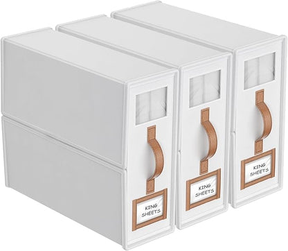 3 Pack Foldable Bed Sheets Set Organizers and Storage(King & Queen Size),Linen Fabric Closet Organizers with Window,Folding Bedding Storage Box for Bedsheets and Pillow Cube Organizer-White