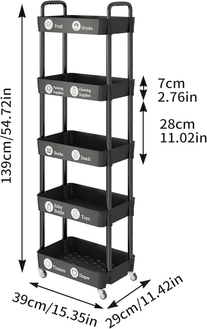 Laiensia Multifunction Utility Rolling Cart, 5-Tier Plastic & Metal Storage Organizer, Black, Lockable Wheels, Modern Style, Indoor Use