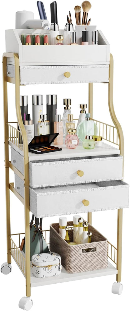 HapiRm Floor Makeup Organizer Storage - Vanity Skincare Make Up Organizers and Storage with Drawers, Cosmetics Display Cases Holder for Skin Care Nail Polish Perfume Makeup Brush, Gold