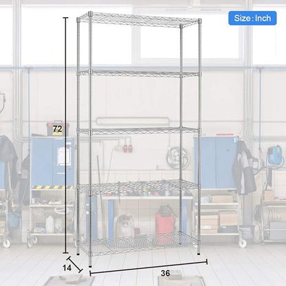 PayLessHere | 5-Tier Wire Shelf | 36"x14"x72" | Chrome | Adjustable Racks | Heavy-Duty Storage Shelves, Holds Upto 1250 lbs | Rust-Resistant, No-Tool Assembly | for Home, Garage Shelving