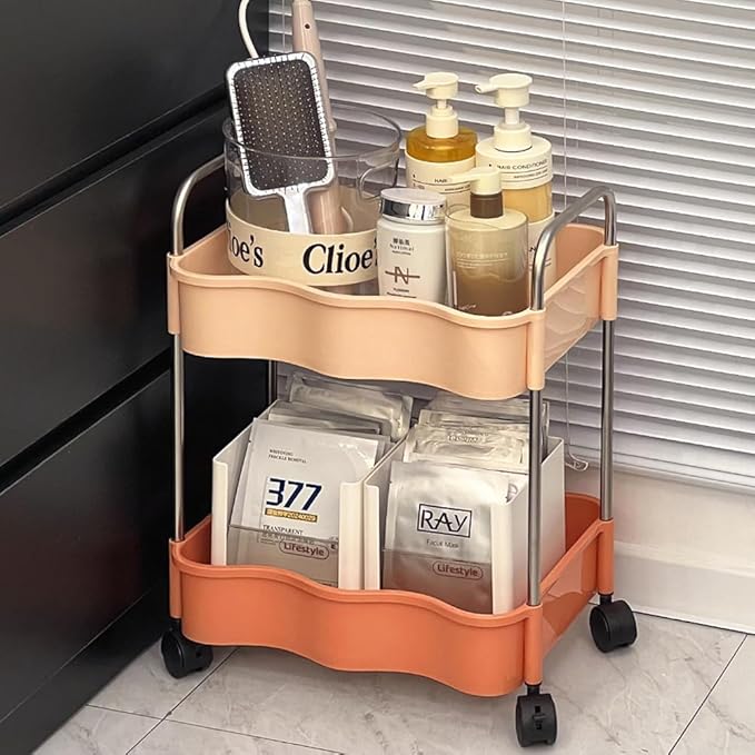2 Tier Utility Rolling Cart with Wheels Under Desk Storage Cart Organizer with Handle for Home Kitchen Bathroom Office Organization Pink