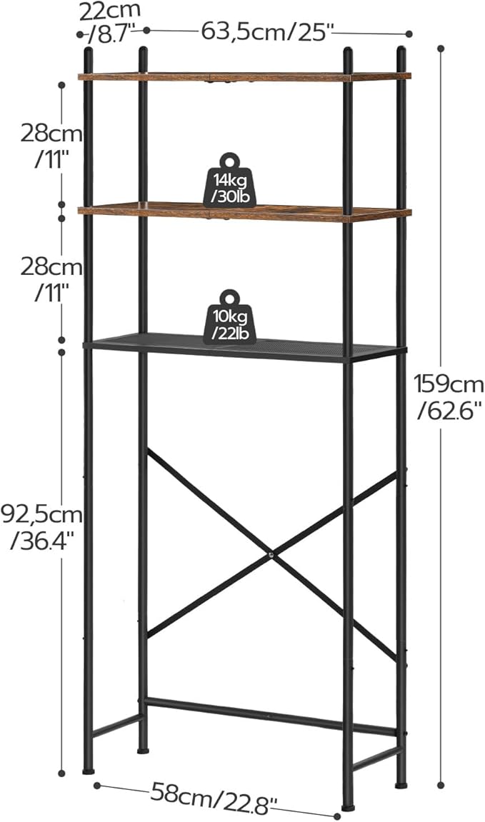 HOOBRO Over The Toilet Storage, 3-Tier Over Toilet Bathroom Organizer, Freestanding Above Toilet Shelf with Adjustable Feet, Space Saving, Easy Assembly, Rustic Brown and Black BF63TS01