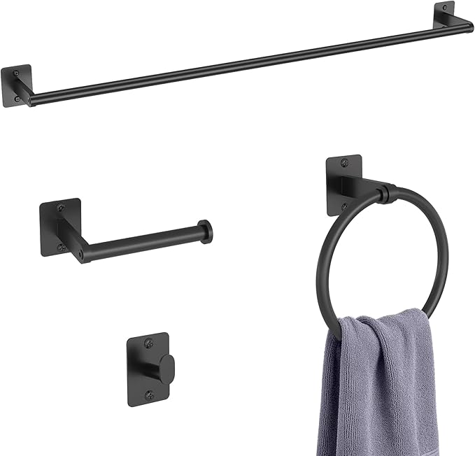4 Pieces Bathroom Hardware Set, 32 inch Towel Bar, Matte Black Bathroom Accessories Set, Towel Racks for Bathroom, Robe Towel Hooks, Toilet Paper Holder Wall Mounted