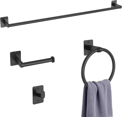 4 Pieces Bathroom Hardware Set, 32 inch Towel Bar, Matte Black Bathroom Accessories Set, Towel Racks for Bathroom, Robe Towel Hooks, Toilet Paper Holder Wall Mounted