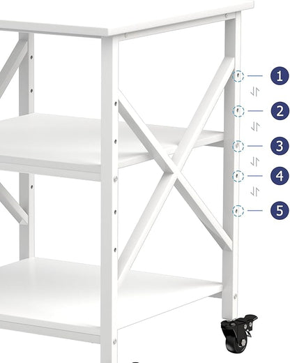Printer Stand, 23.6 x 23.6 Inches Large Printer Stand with Adjustable Storage Shelf, 3 Tier Printer Table for Home Office, Rolling Printer Cart with Industrial Wheels, Mini Fridge Stand Table, White