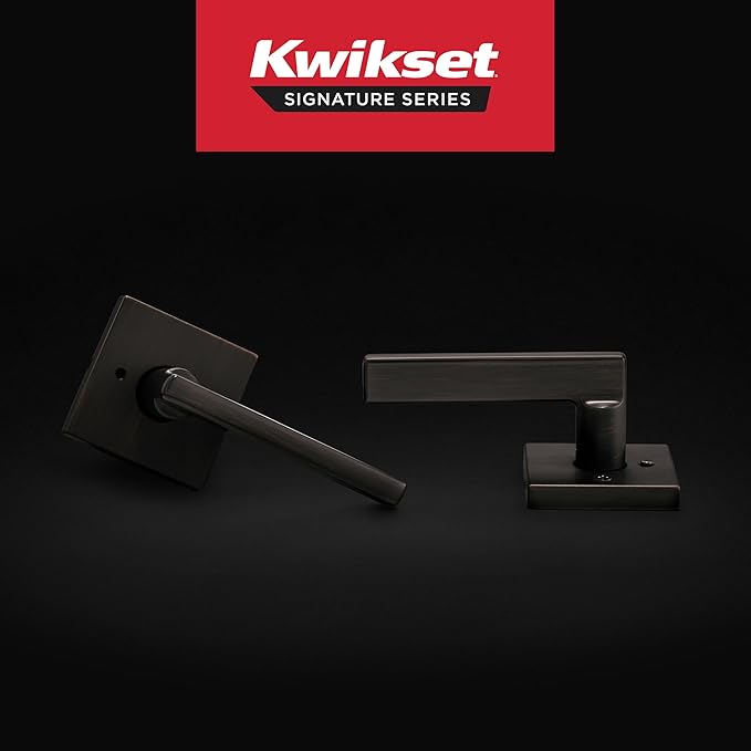 Kwikset Halifax Interior Privacy Door Handle with Lock, Door Lever For Bathroom and Bedroom, Venetian Bronze Reversible Keyless Push Button Lock Door Lever, with Microban Protection, Square Rose