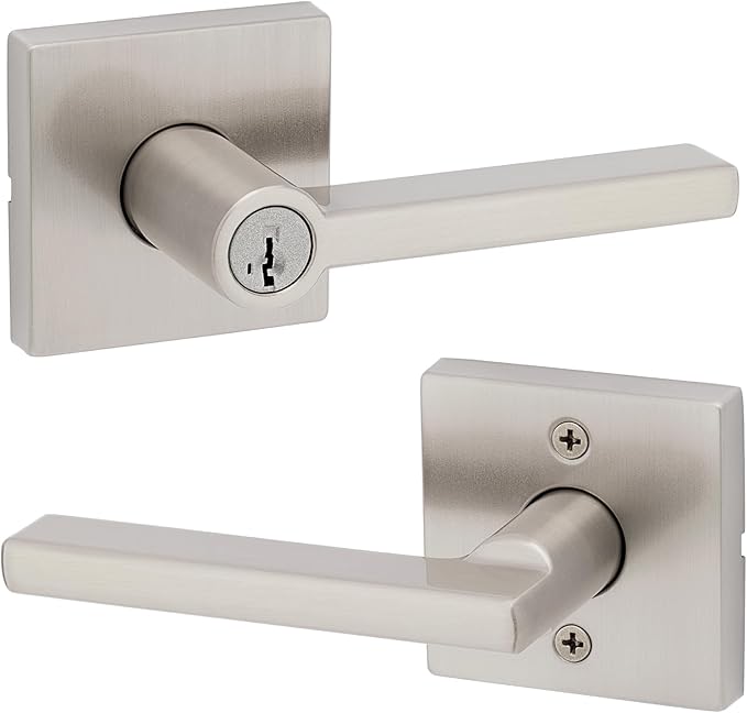 Kwikset Halifax Keyed Storeroom Entry Door Handle with Lock and Key, Secure Keyed Reversible Lever Exterior, Front Entrance and Bedrooms, Satin Nickel, Pick Resistant SMT Rekey Security and Microban