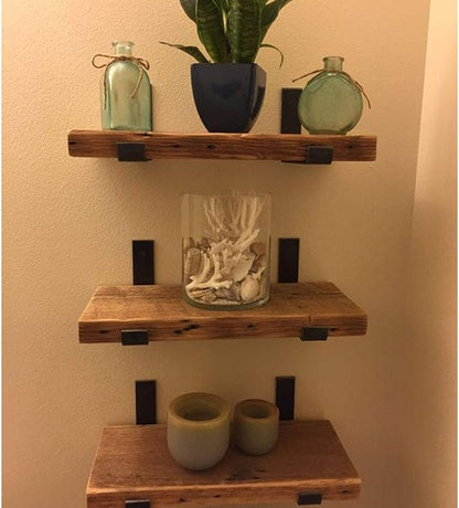 Shelf Brackets 10 Inch, Heavy Duty Black Metal Floating Shelf Bracket, Rustic Farmhouse Decorative Iron L Bracket with Lip/Hook, J Brackets Wall Angel Corner Brace for Wood Shelves - 6 Pack