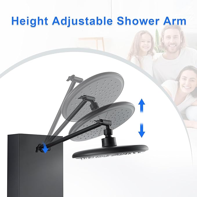 POPFLY Shower Panel Tower System Adjustable Shower Arm Height Rainfall Head System Stainless Steel Shower Panel with Shelf and 6 Body Massage Jets, Bathroom Black Shower Column Panel