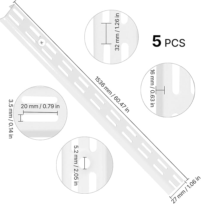 VEVOR Shelf Pilaster, 60-inch 5 Pack, Dual Track Upright Wall Shelving System, Heavy Duty Support System Twin Slot Shelf Rails, 25 Screws, Suitable for Cabinet Closet Organization Storage, Silver