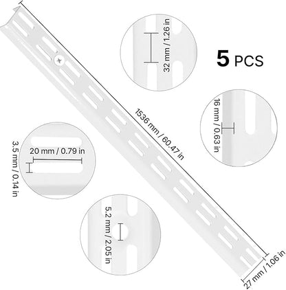VEVOR Shelf Pilaster, 60-inch 5 Pack, Dual Track Upright Wall Shelving System, Heavy Duty Support System Twin Slot Shelf Rails, 25 Screws, Suitable for Cabinet Closet Organization Storage, Silver