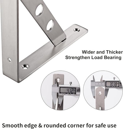 YUMORE Stainless Steel Shelf Bracket 10", Heavy Duty Solid Shelf Support Corner Brace Joint Right Angle Bracket, L Bracket with 2 S Hook, 2 Pack