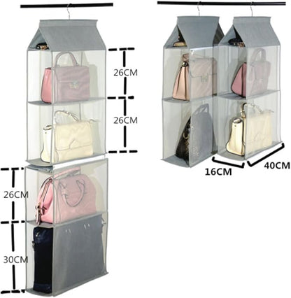 Detachable 4 Compartment Pouch Hanging Handbag Organizer Clear Purse Bag Storage Holder Wardrobe Closet Space Saving Organizers System for Living Room Bedroom(Pack of 2 Brown)