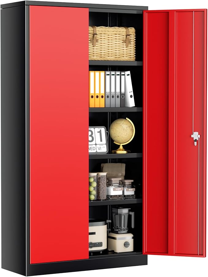 SUNCROWN 72" Metal Storage Cabinet - Heavy-Duty Metal Garage Cabinet with 4 Adjustable Shelves & 2 Doors for Tools, Office, Home, Workshop,Black & Red