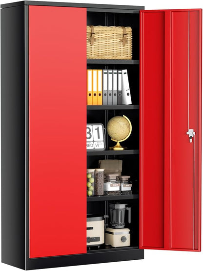 SUNCROWN 72" Metal Storage Cabinet - Heavy-Duty Metal Garage Cabinet with 4 Adjustable Shelves & 2 Doors for Tools, Office, Home, Workshop,Black & Red