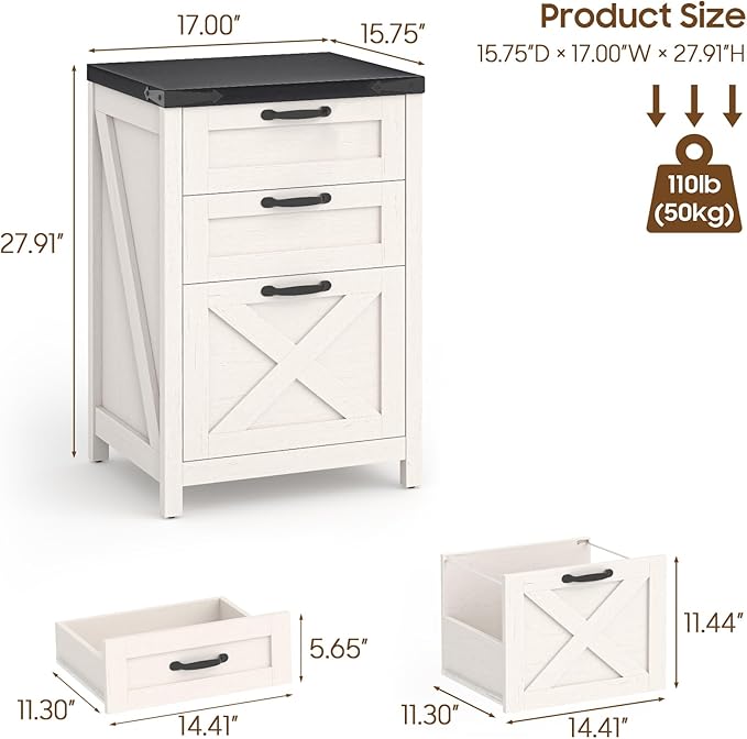 3 Drawer Small File Cabinet, Farmhouse Vertical Filing Cabinet Fits Letter and A4 Size, Under Desk Wooden File Cabinets for Home Office, Printer Stand, White and Black