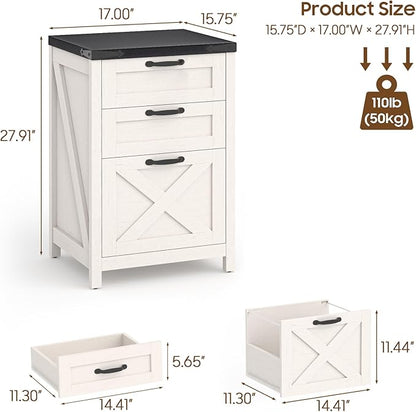 3 Drawer Small File Cabinet, Farmhouse Vertical Filing Cabinet Fits Letter and A4 Size, Under Desk Wooden File Cabinets for Home Office, Printer Stand, White and Black