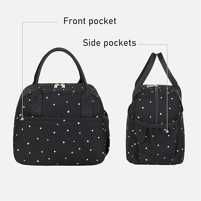 CAMTOP Lunch Box for Women Insulated Lunch Bag Lunchbox Cooler Thermal Leakproof Quilted Reusable Lunch Tote Bag for Work School Travel Picnic (Black White Dots)