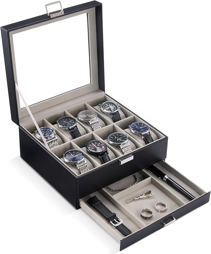 ProCase Watch Box, 8 Slot Watches Display Case with Drawer, Mens Watch Case with Glass Lid, 2-Layer Mens Jewelry Organizer Storage Holder, Birthday Valentine Gifts for Men -8 Slot, Black