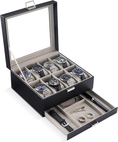 ProCase Watch Box, 8 Slot Watches Display Case with Drawer, Mens Watch Case with Glass Lid, 2-Layer Mens Jewelry Organizer Storage Holder, Birthday Valentine Gifts for Men -8 Slot, Black