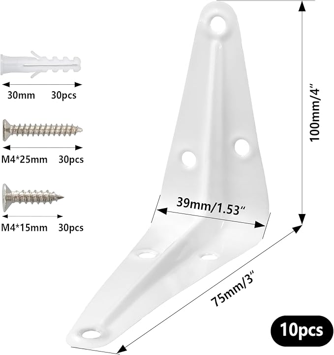 Lilaly 10 Pack Shelf Brackets 4 Inch Shelf Bracket, Heavy Duty L Brackets for Shelves for Hanging Floating Shelves Brack with Screws and Wall Anchors(3"x4",White)