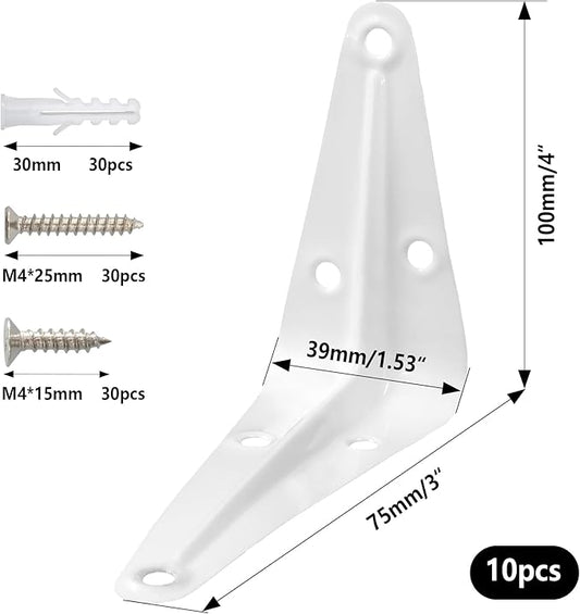 Lilaly 10 Pack Shelf Brackets 4 Inch Shelf Bracket, Heavy Duty L Brackets for Shelves for Hanging Floating Shelves Brack with Screws and Wall Anchors(3"x4",White)