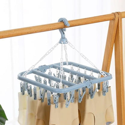 32 Clips Folding Laundry Hanger, Laundry Drying Rack Folding Sock Hanger, Hanging Drying Rack(Scandinavian Blue)