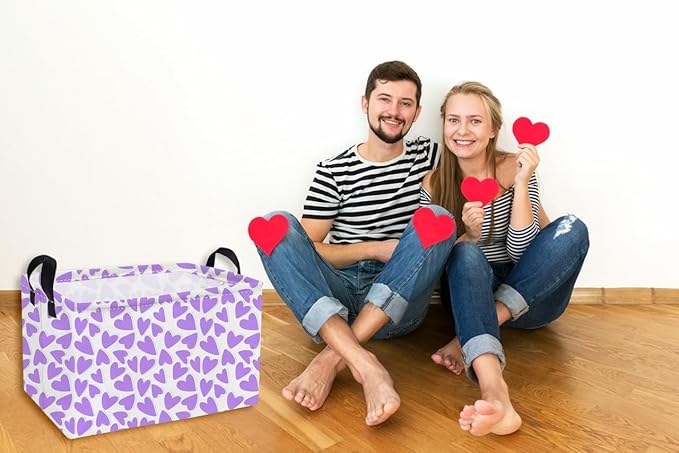 Essme Rectangular Valentine's Day Basket,Heart Storage Bins Organizer with Handles for Girls Room Decor, Gift Basket,Shelf Basket.(Purple heart)