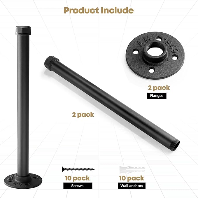 Industrial Pipe Clothing Rack 12 Inch 2 Pack, Wall Mounted Closet Rod-Pipe Shelf Brackets Heavy Duty Clothes Rack for Hanging Clothes Rustic Metal Garment Holder Laundryroom