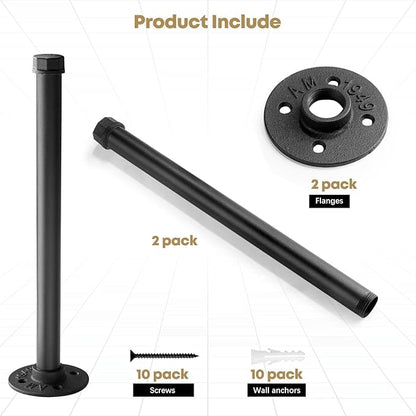 Industrial Pipe Clothing Rack 12 Inch 2 Pack, Wall Mounted Closet Rod-Pipe Shelf Brackets Heavy Duty Clothes Rack for Hanging Clothes Rustic Metal Garment Holder Laundryroom