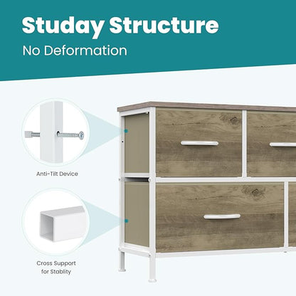 OLIXIS Dresser for Bedroom with 5 Drawers, Wide Chest of Drawers, Fabric Bedroom Dresser with Drawer Organizer, Storage Organizer Unit with Fabric Bins for Closet, Living Room, Hallway, Greige Oak