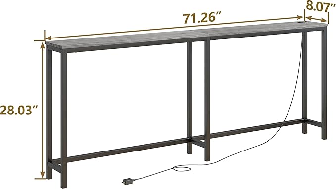 BOFENG 71.5 Inch Thin Console Table with Power Outlets,Narrow Sofa Table with Charging Station,Long Side Table Behind Sofa Couch Table for Entryway,Hallway,Living Room,Foyer,Grey