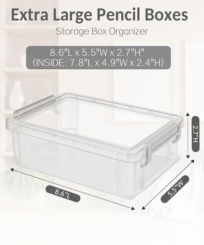 Sooez 6 Pack Extra Large Pencil Box, Plastic Pencil Case Crayon Box Bulk, Clear Marker Organizer Plastic Containers with Lid, Stackable Storage Boxes for Art Craft, Pen, Back to School Supplies, Black