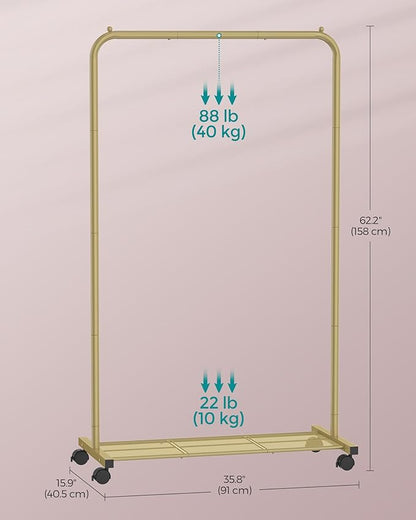 SONGMICS Clothes Rack with Wheels, Clothing Rack for Hanging Clothes, 25.4 mm Metal Garment Rack with Dense Mesh Storage Shelf, 110 lb Load Capacity, 2 Brakes, Gold UHSR025A01