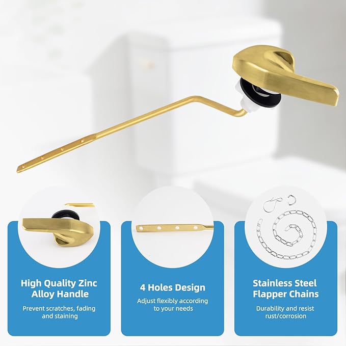 Universal Brushed Gold Toilet Handle Replacement Kit, Side/Angle Mount Toilet Flush Handle Compatible with Kohler K-GP30324-CP/TOTO/American Standard, Stainless Steel Flapper Chain