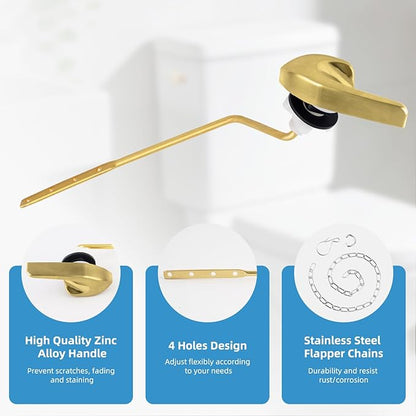 Universal Brushed Gold Toilet Handle Replacement Kit, Side/Angle Mount Toilet Flush Handle Compatible with Kohler K-GP30324-CP/TOTO/American Standard, Stainless Steel Flapper Chain