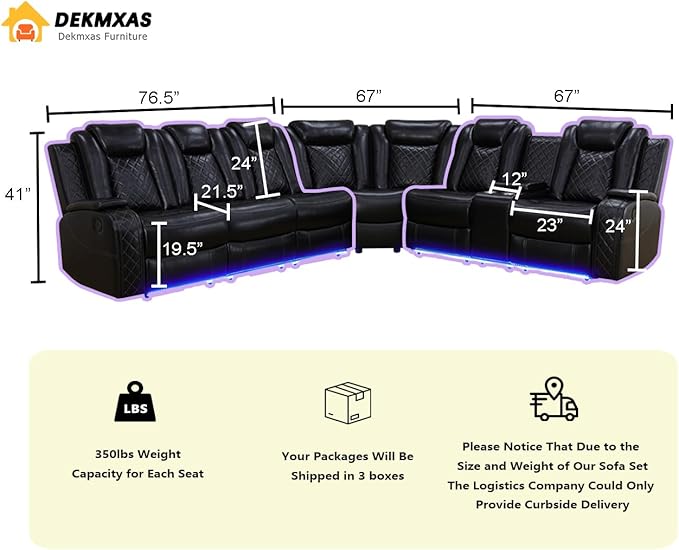 Living Room Furniture Set, Power Sectional Recliner Sofa Set with LED Light,Black Air Leather Power Reclining Sofa with 2 Recliner Seats/Cup Holders/USB Port/Storage Console for Living Room