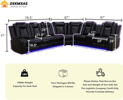 Living Room Furniture Set, Power Sectional Recliner Sofa Set with LED Light,Black Air Leather Power Reclining Sofa with 2 Recliner Seats/Cup Holders/USB Port/Storage Console for Living Room
