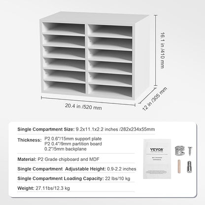 VEVOR Literature Organizers, 12 Compartments Office Mailbox with Adjustable Shelves, Wood Literature Sorter 20.4x12x16.1 inches for Office, Home, Classroom, Mailrooms Organization, EPA Certified White