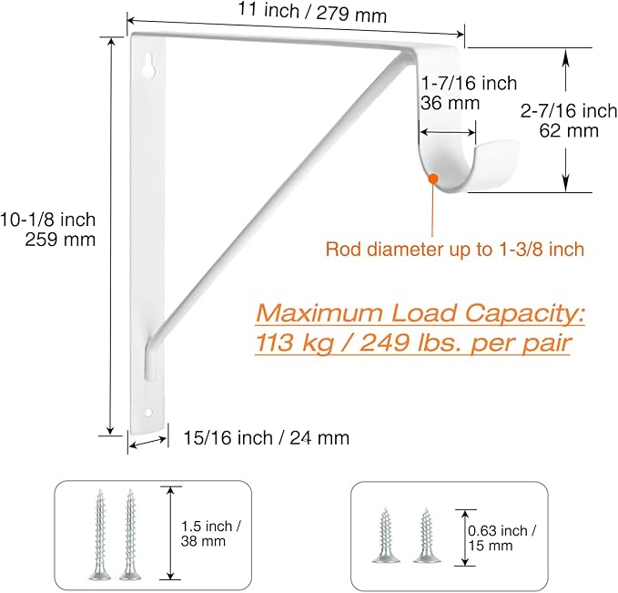 8 Pack Heavy Duty Closet Shelf & Rod Brackets, Wall Mounted Closet Shelf Brackets, 11 x 10.2 Inch Closet Shelf Brackets with Rod Support, White