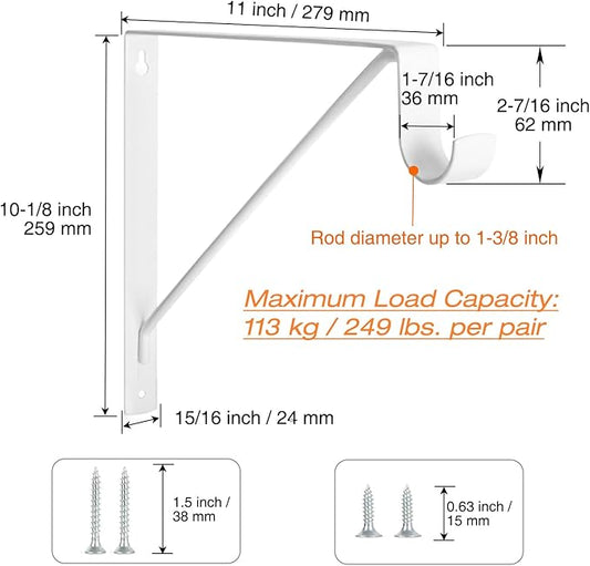 4 Pack Heavy Duty Closet Shelf & Rod Brackets, Wall Mounted Closet Shelf Brackets, 11 x 10.2 Inch Closet Shelf Brackets with Rod Support, White