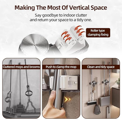 Broom Holder Mop Hanger, Wall Mount Mop Grippers, Self Adhesive Mop and Broom Holder Wall Mount, No Punching Required Broom Hanger Organizer for Bathroom, Kitchen, Utility Room, Laundry Room