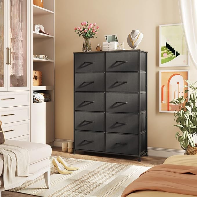 WLIVE Tall Dresser for Bedroom with 10 Drawers, Chest of Drawers, Dressers Bedroom Furniture, Black Dresser with Fabric Bins for Closet, Hallway, Living Room, Entryway