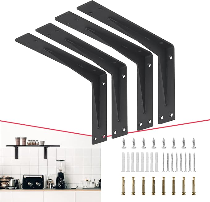 CLT 16” Black Shelf Bracket, 1/5" Thick – Heavy Duty Corner Brace, Supports 440 lbs, Industrial Modern Farmhouse Style – Right Angle Bracket for Tables, Benches, DIY Space-Saving Projects (Pack of 4)